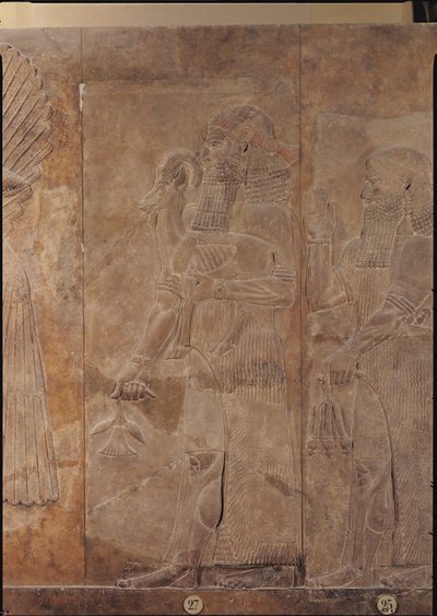Relief depicting Sargon II (721-705 BC) or a priest carrying a sacrificial gazelle, from the Palace of Sargon II at Khorsabad, Iraq by Assyrian